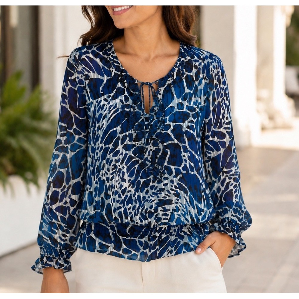 Fashion Bug Vintage Y2K Blue Black Animal Print Beaded Fairy Chiffon Tunic Top M